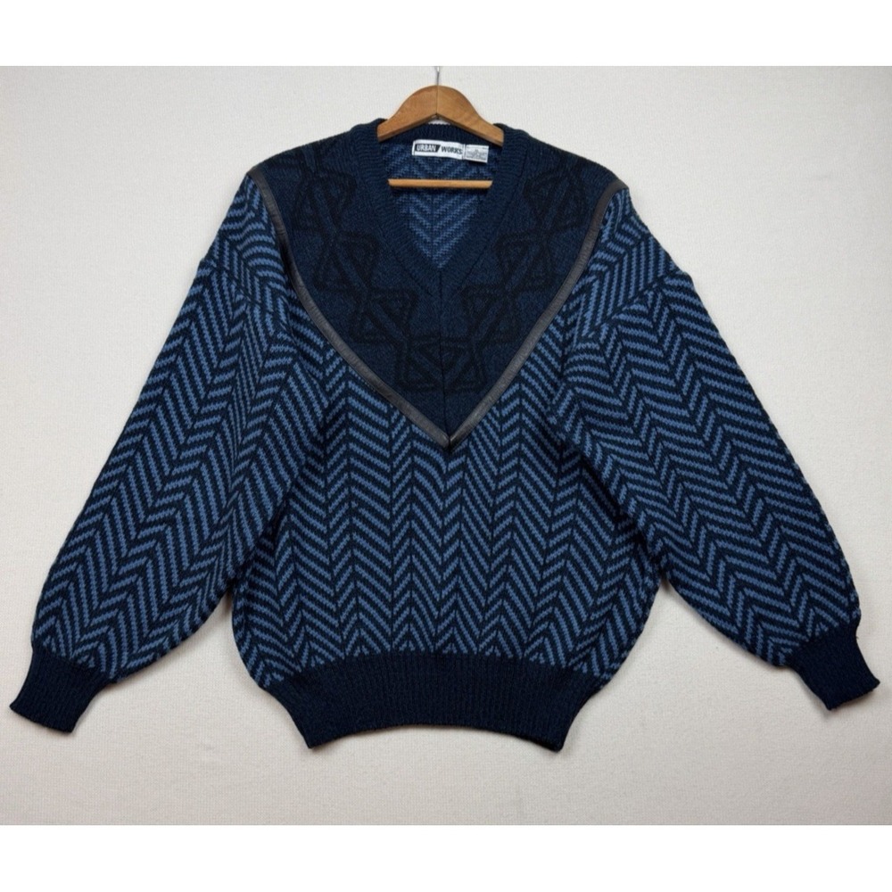 Vintage Urban Works Sweater Mens XL Leather Trim Chevron Mobster 90s Grandpacore